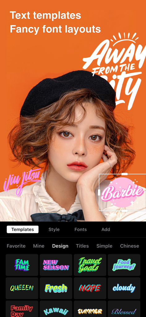 Fine 사진 편집기 모바일 앱의 미학적인 텍스트 템플릿 및 멋진 글꼴 레이아웃 인터페이스.