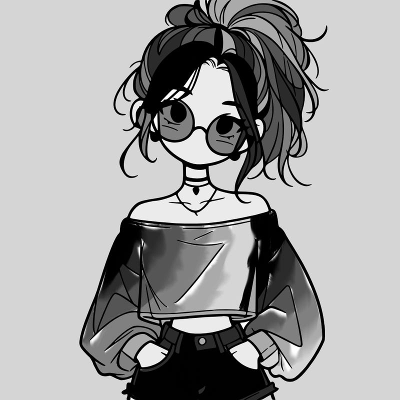 girl with a messy ponytail glasses a baggy crop top and jean shorts