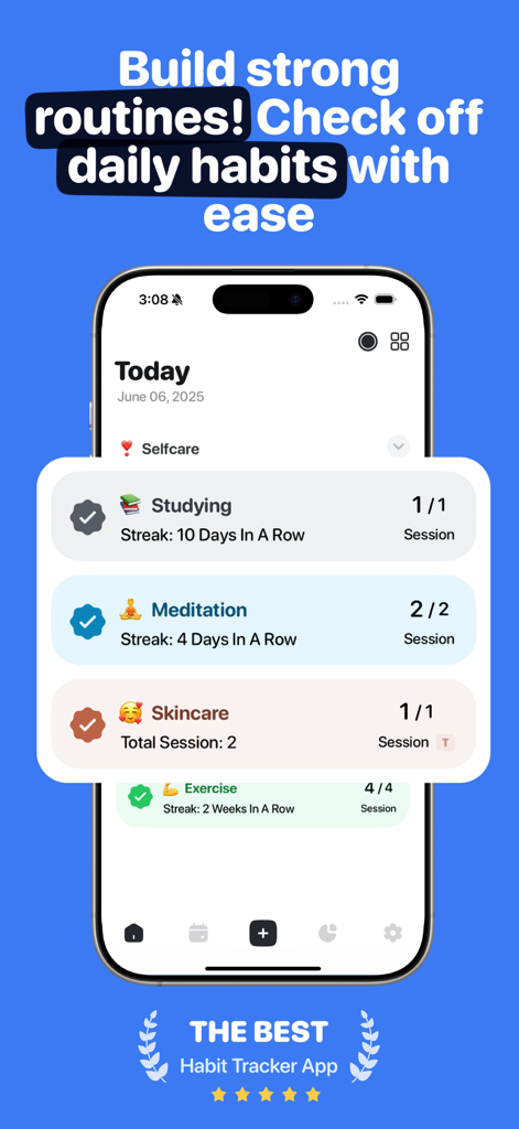 iPhone interface of Rovelist habit tracker app displaying daily completed routines like meditation and studying with streak counts.