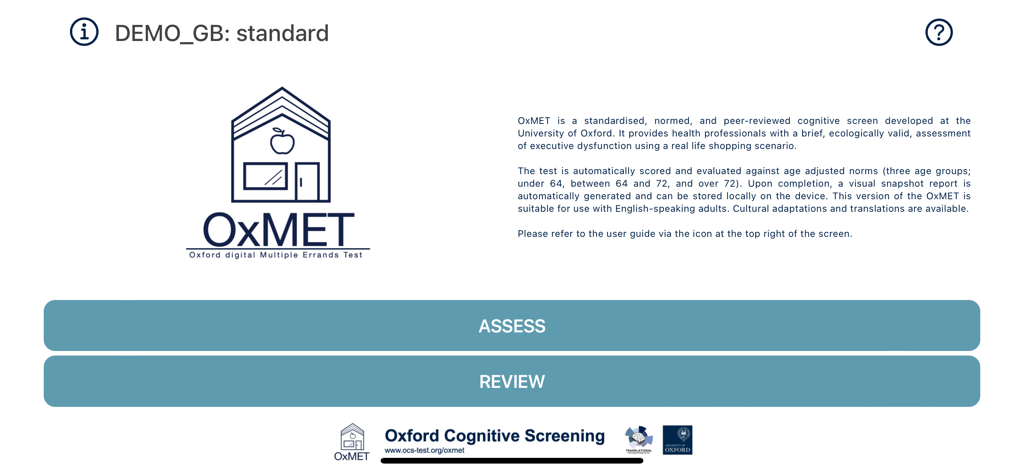 OxMET - Home screen of the OxMET app featuring Assess and Review buttons and information about the Oxford digital Multiple Errands Test.