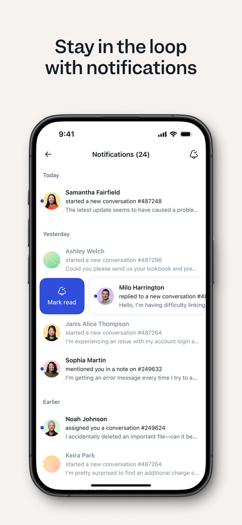 Help Scout - Help Scout mobile app notifications screen showing a list of customer support updates and team activity.