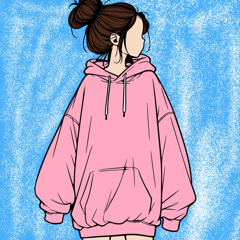 realistic girl with a oversized sweatshirt on and a bun