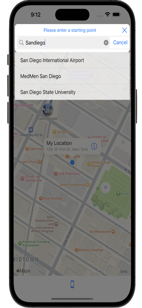 Captura de pantalla de la aplicación Im here que muestra sugerencias de autocompletar de búsqueda para un punto de partida en un mapa de la ciudad