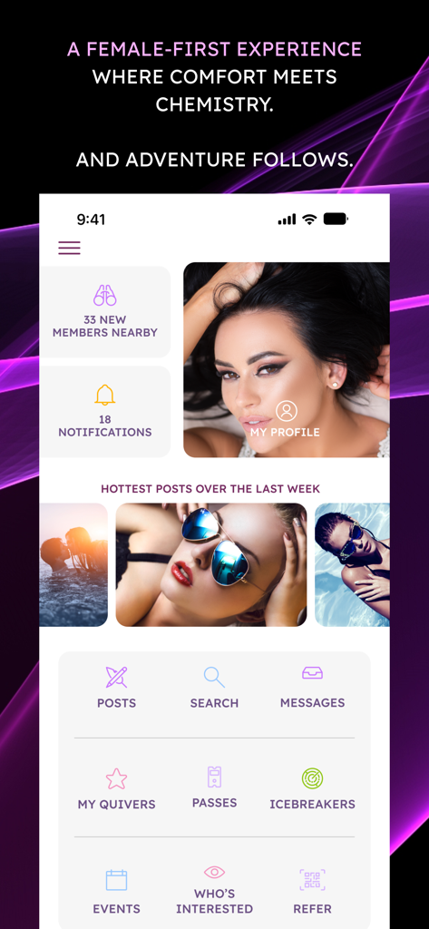 Interface of the Quiver Dating Unbound app showing the home dashboard and trending community posts.