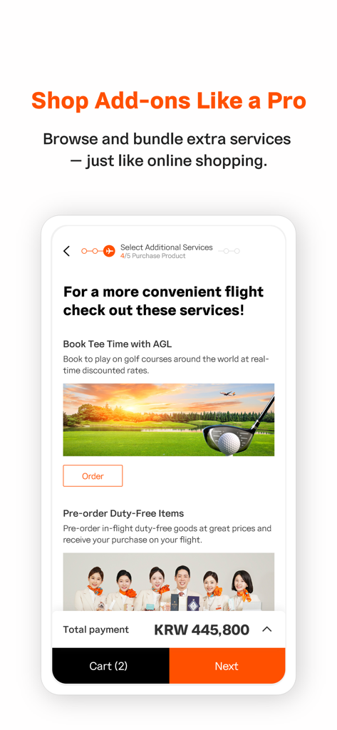 Jeju air - Jeju Air mobile App-Oberfläche mit Optionen zur Buchung von Zusatzleistungen wie Golf und zollfreien Waren