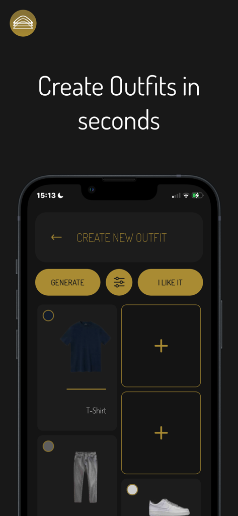 Outfiter - The Outfiter app interface showing the outfit creation tool with digital clothing items like a t-shirt and jeans.