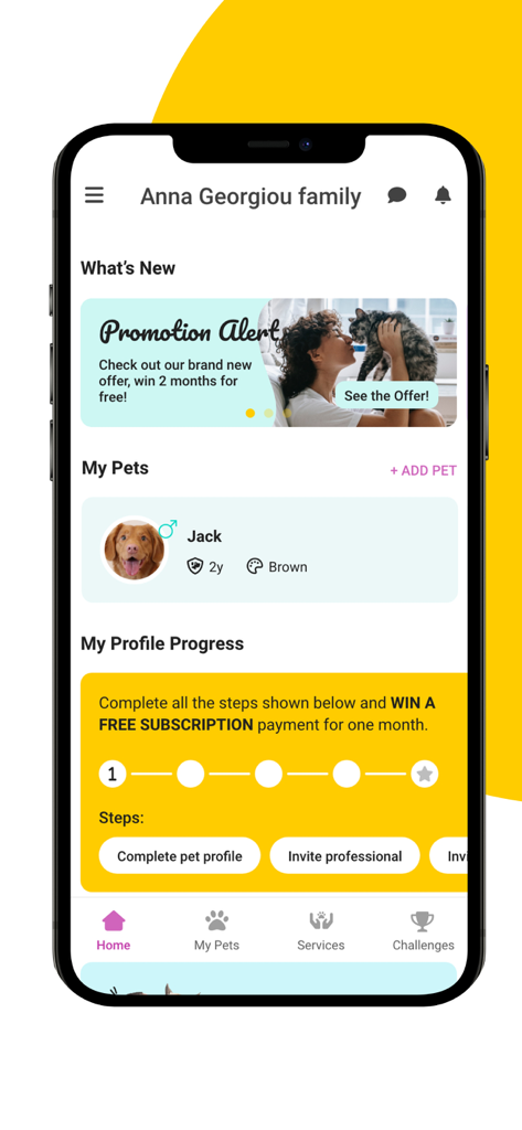 11pets: Pet Care - Interface of 11pets app showing a dog profile and profile completion progress