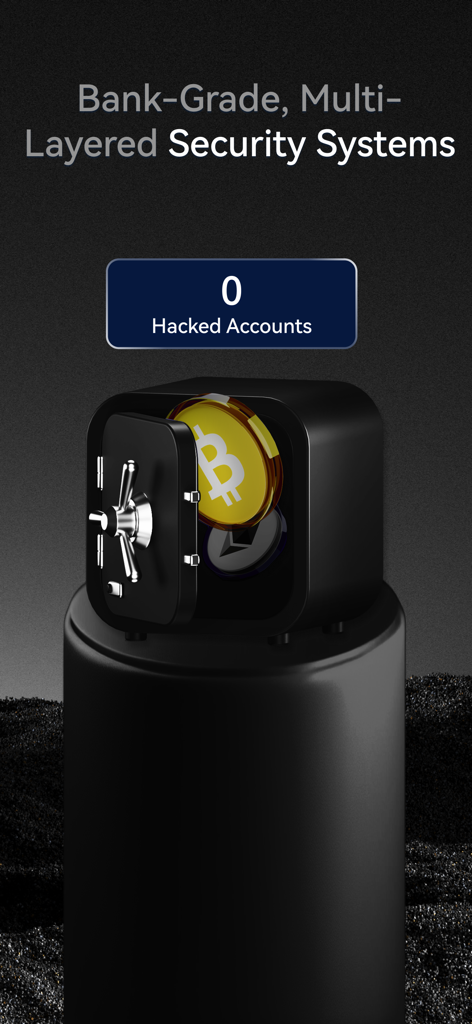 Schermata di un'app mobile che evidenzia sistemi di sicurezza multistrato di livello bancario con una cassaforte piena di monete Bitcoin ed Ethereum.