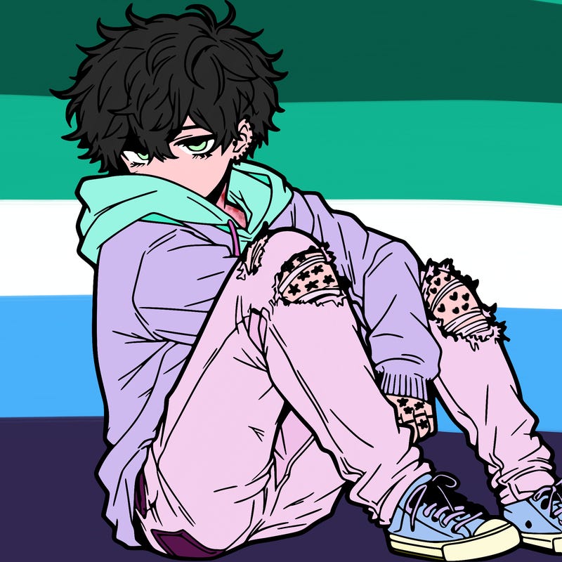a male hoddie ripped jeans messy hair anime