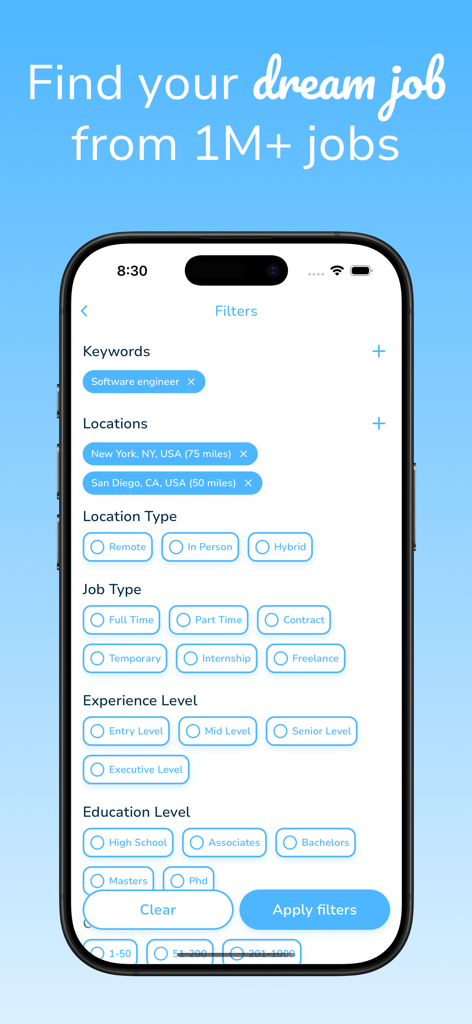 Sprout 앱 인터페이스에 키워드, 위치 및 경력 수준에 대한 직무 검색 필터 표시