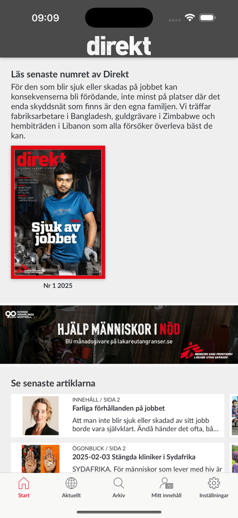Tidningen Direkt - Home screen of the Tidningen Direkt magazine app featuring the latest issue and humanitarian articles from Doctors Without Borders