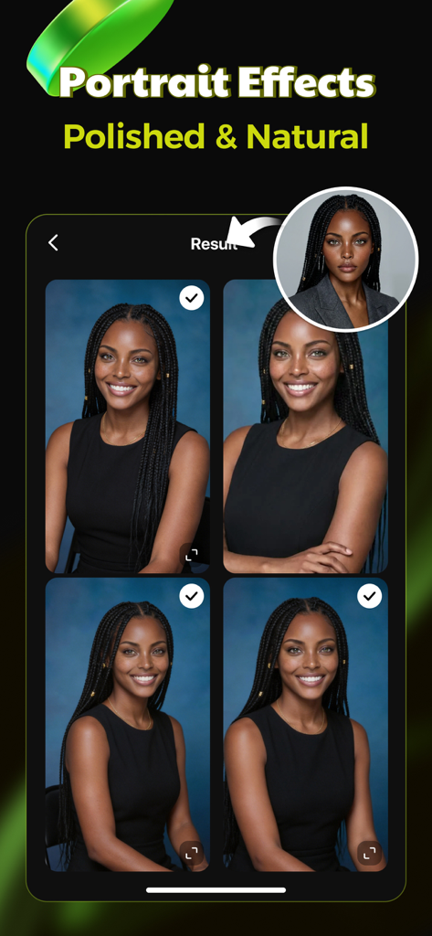 PixLike: Photo & Video Editor - Interface do aplicativo PixLike mostrando efeitos de aprimoramento de retrato polidos e naturais em uma foto de mulher