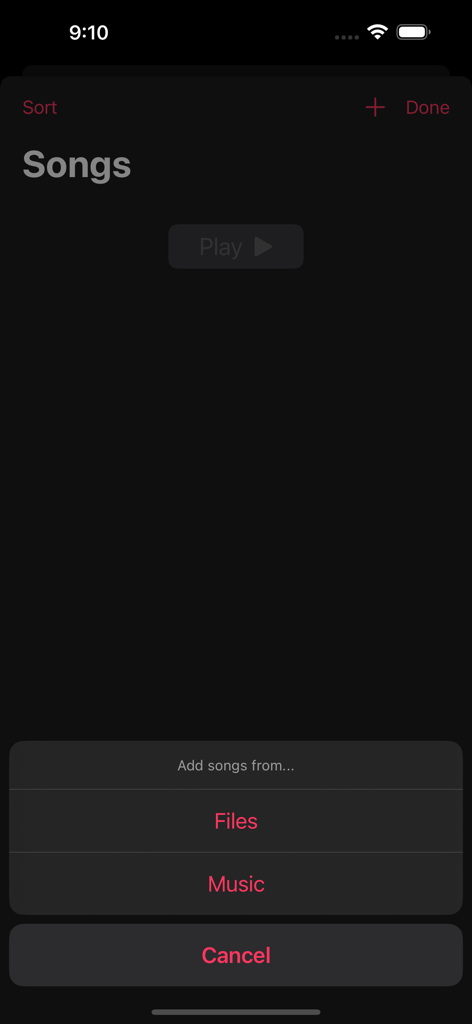 Audio Equalizer 5-Band - Menu screen showing options to add songs from Files or Music in the Audio Equalizer app
