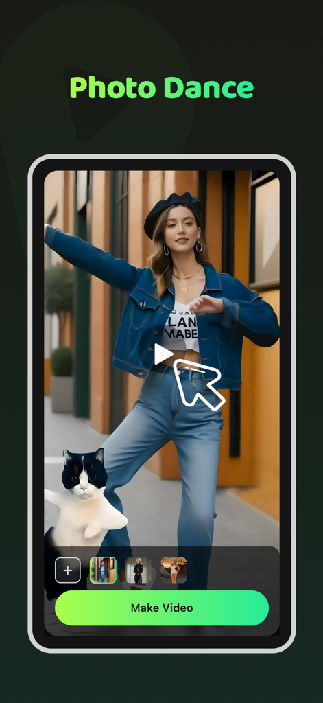 Pic Dance: AI Video Generator - Interface of the Pic Dance app showing an AI-generated video of a woman and a cat dancing