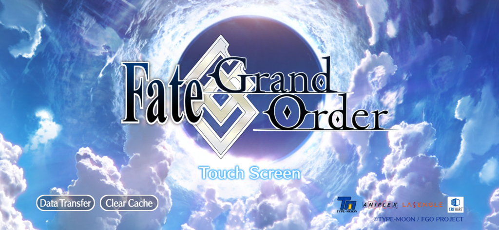 Fate/Grand Order (English) - The title screen of the Fate Grand Order mobile game featuring the official logo against a blue sky with white clouds.