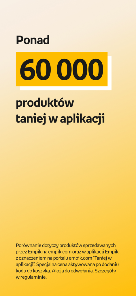 Empik - Empik app promotional screen showing over 60000 products with lower prices in the mobile application