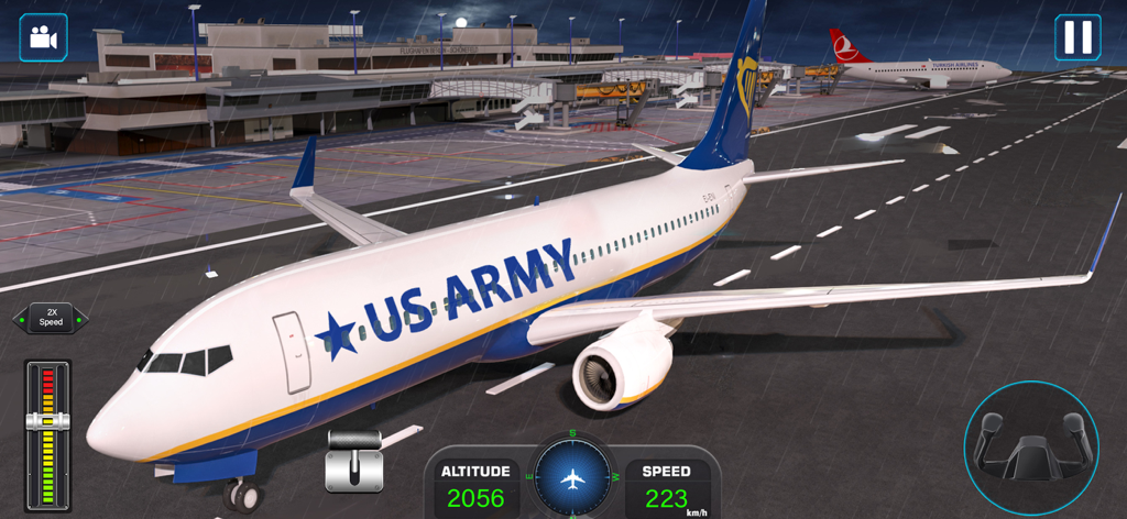 Un avión del ejército de EE. UU. en una pista de aeropuerto lluviosa en el juego de simulador de vuelo 3D.