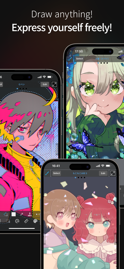 MediBang Paint for iPhone - Three iPhones displaying colorful manga and anime-style illustrations created with MediBang Paint