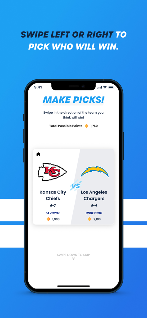 A mobile app interface for making NFL sports picks by swiping left or right between two teams