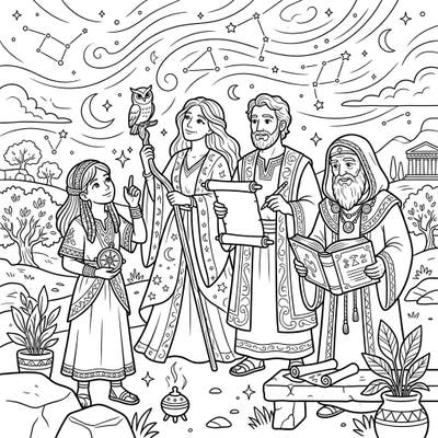 Spark your child's imagination with this delightful coloring page featuring friendly prophets and oracles. They'll love coloring the wise figures, celestial scenes, and ancient settings designed especially for kids aged 4-8.