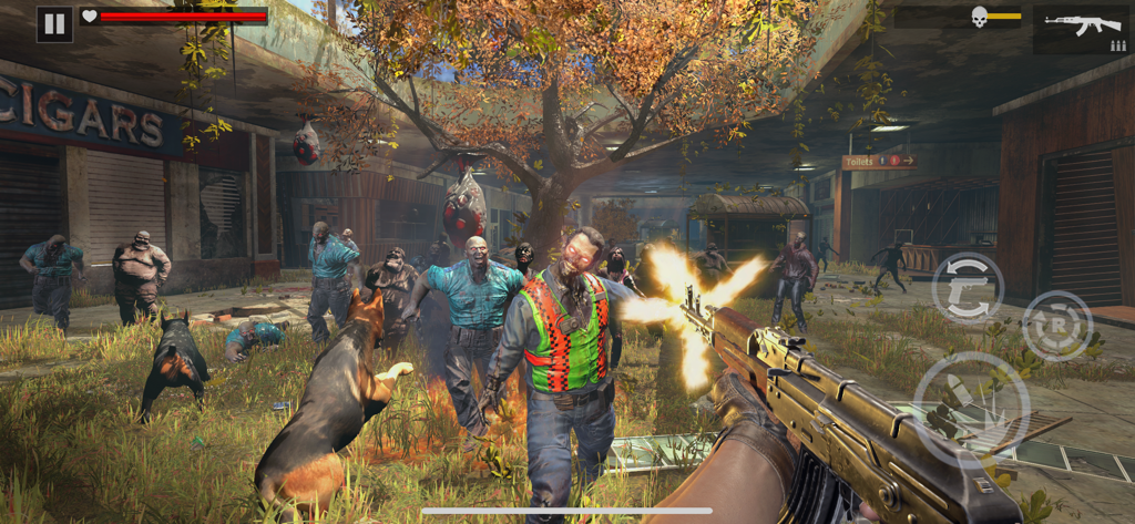 Zombie Fire 3D: Offline Game - First person shooter gameplay in Zombie Fire 3D featuring a player shooting zombies alongside a dog