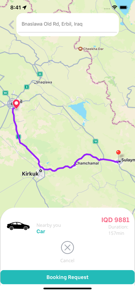 Tider Taxi - Pantalla de la aplicación Tider Taxi que muestra un mapa de ruta con el precio estimado y la opción de solicitar una reserva