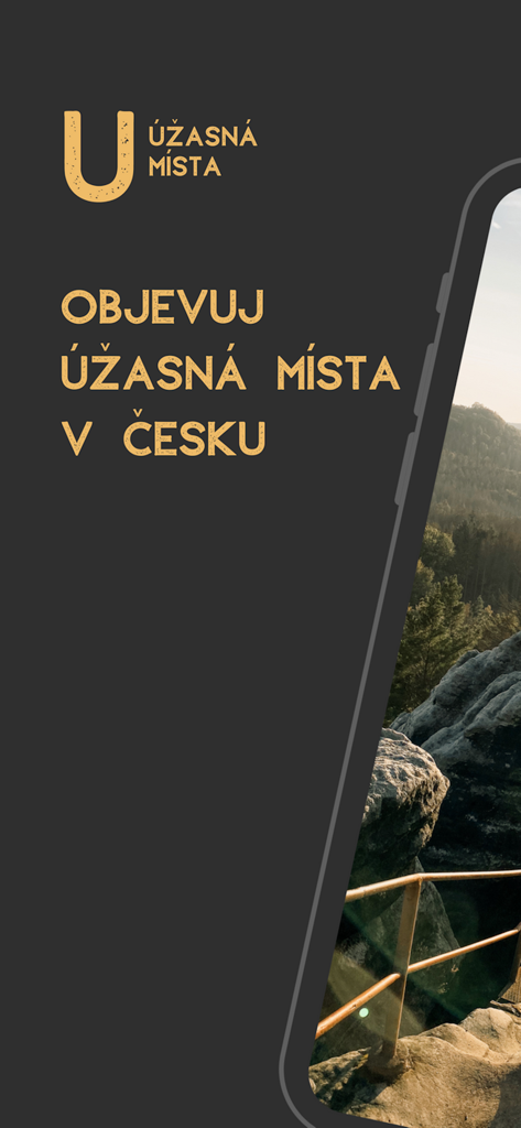 Intro screen of the Uzasna Mista app showing travel tips for exploring Czech Republic