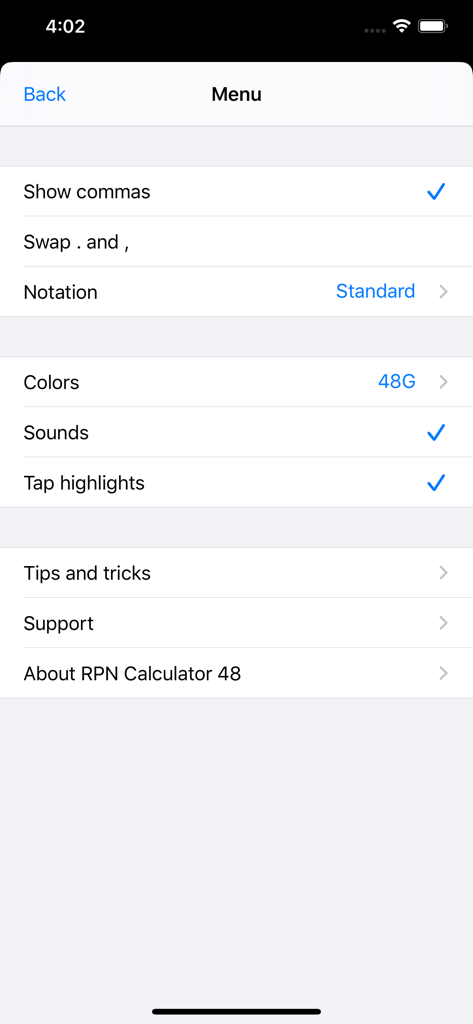 Settings menu of the RPN Calculator 48 app showing options for notation colors and sound