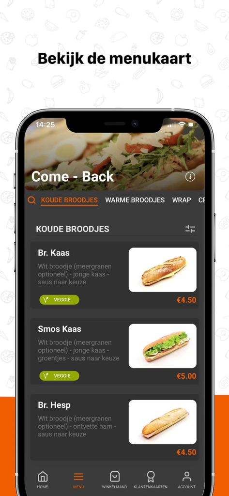 Come - Back - La pantalla del menú de sándwiches de la aplicación de pedidos de comida Come Back