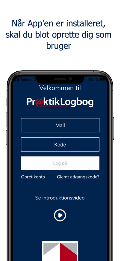 PraktikLogbog - Login screen for the PraktikLogbog vocational training app showing fields for email and password.