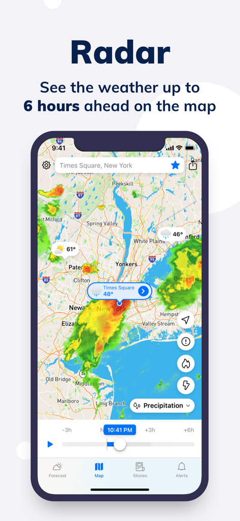 Tomorrow.io: Weather Forecast - Tomorrow.io app screenshot showing a detailed weather radar map with precipitation forecasts for the New York area