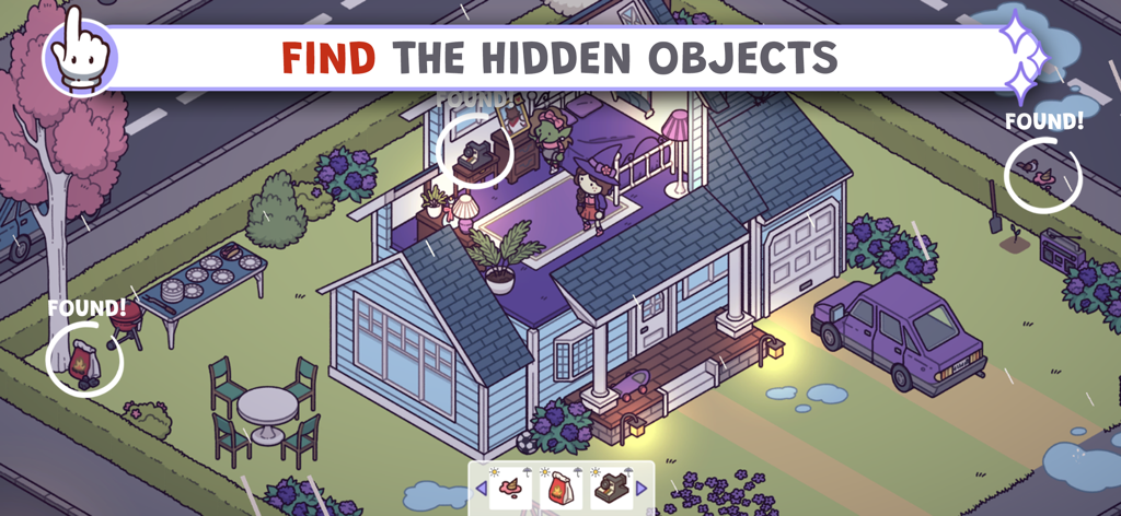 Hidden Through Time 2: Magic - Gameplay di Hidden Through Time 2 Magic che mostra una scena cozy disegnata a mano con oggetti nascosti da trovare in una casa di periferia di notte