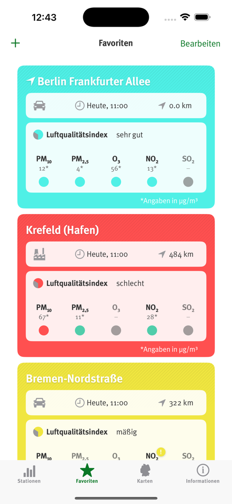 Luftqualität - Luftqualität app dashboard showing air quality levels for favorite German cities