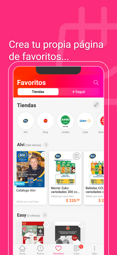 Catálogos y ofertas de Chile - Página de Favoritos de la aplicación Catálogos y ofertas de Chile que muestra tiendas seleccionadas y ofertas actuales.