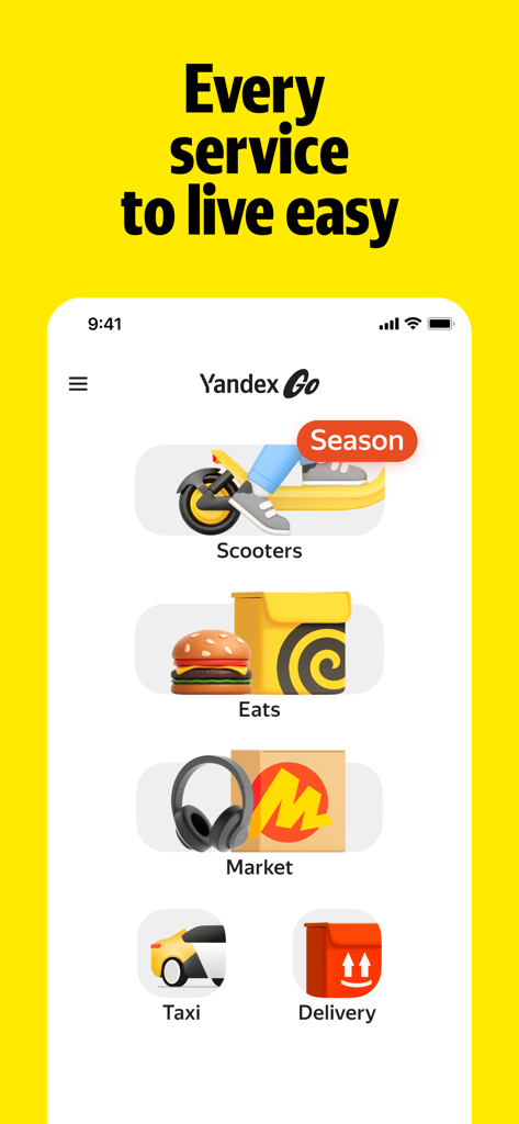 Yandex Go mobile app interface showing various services including taxi food delivery market and scooters