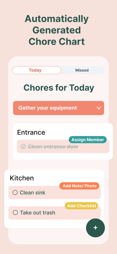 Mobile app interface showing an automatically generated daily cleaning checklist with kitchen and entrance tasks