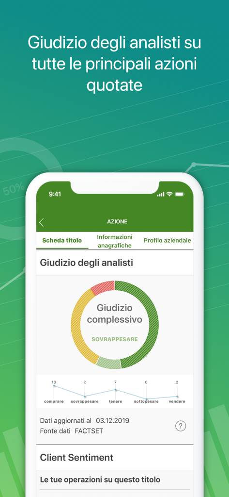 Intesa Sanpaolo Investo - Screenshot dell'app Intesa Sanpaolo Investo che mostra i rating degli analisti e il giudizio complessivo sulla performance del titolo