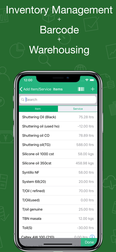 Book Keeper Accounting - Book Keeper Accountingアプリの在庫管理画面。倉庫の商品リスト、数量、バーコードスキャナーサポートが表示されています