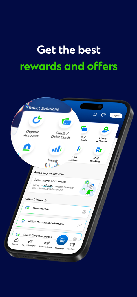 SC Mobile Singapore app interface showing financial products and rewards page