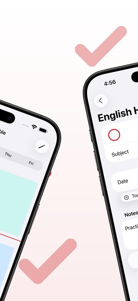 SchoolOrganizer app interface showing school timetable and homework tasks on iPhone