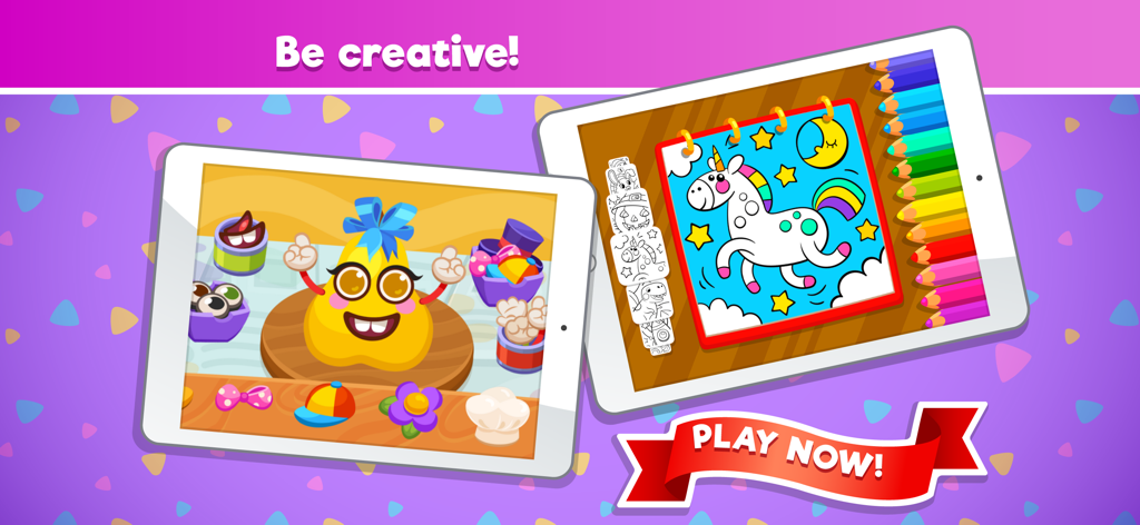 Character decoration and unicorn coloring activities on tablets in the Bubbu School app