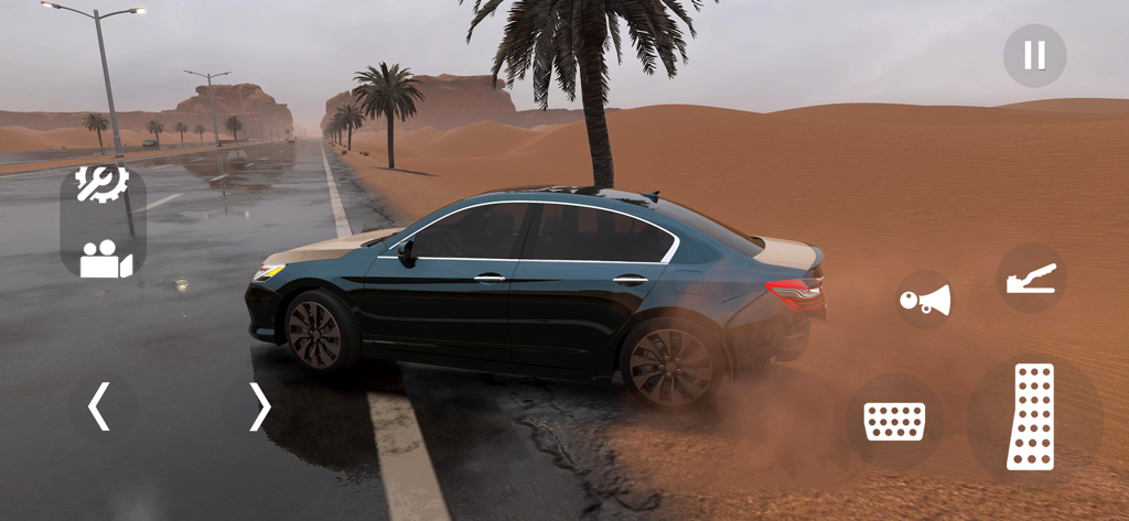 Highway Drifter: Hajwala Drift - A dark blue sedan drifting on a desert highway in Highway Drifter Hajwala Drift.