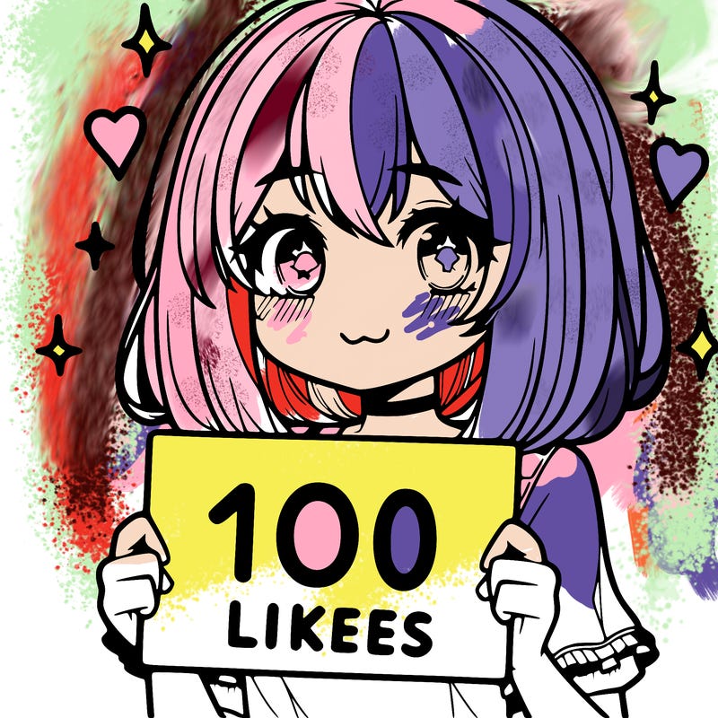 anima girl holding a 100 likes sign in her hand