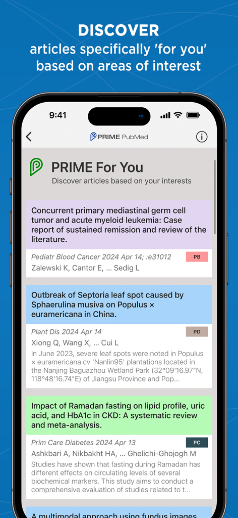 Screenshot of the Prime PubMed app discovery feed showing tailored medical articles