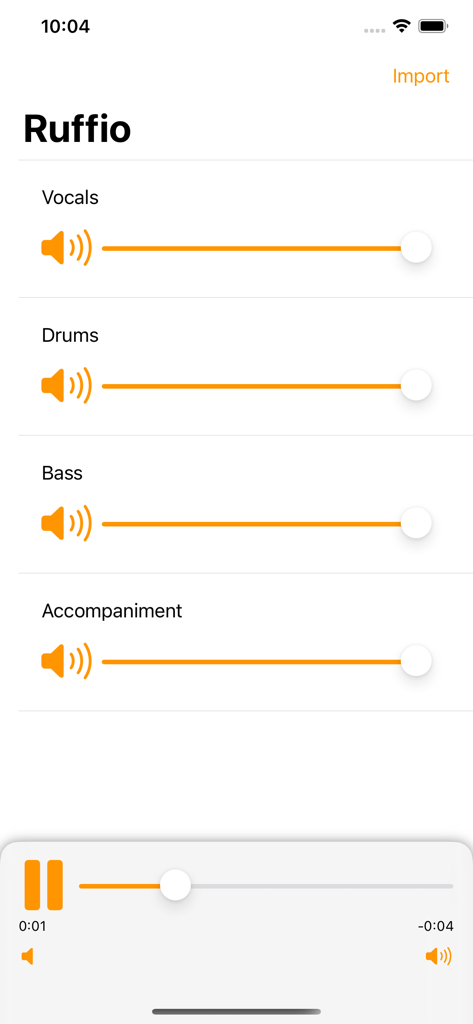Ruffio: Backing track creator - Ruffio app interface with volume sliders for separating vocals, drums, bass, and accompaniment.