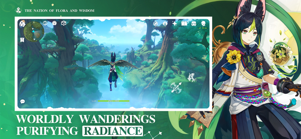 Un personaje se desliza sobre un exuberante dosel forestal en el mundo abierto de Genshin Impact.