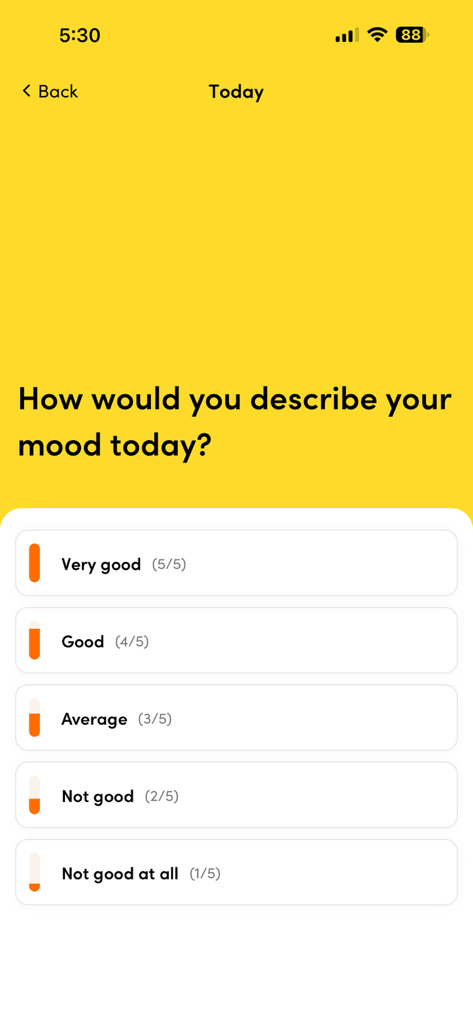 Try Dry app daily mood tracking screen with rating options ranging from very good to not good at all.