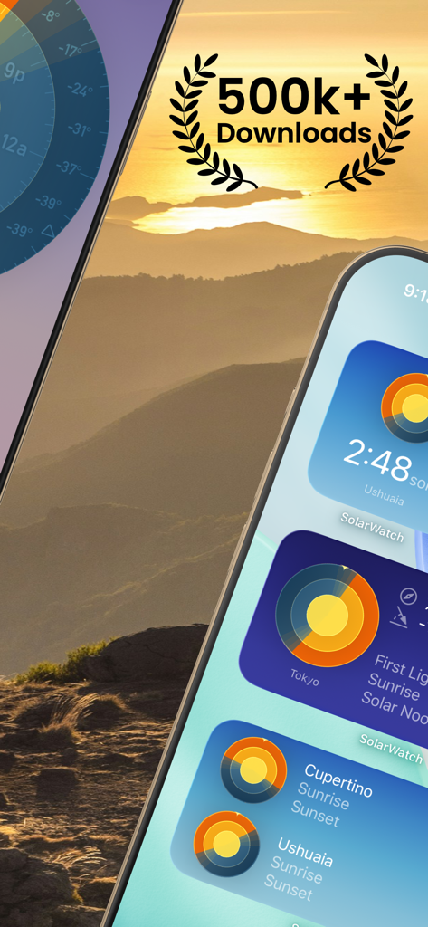 Sun Tracker SolarWatch - Marketing image for Sun Tracker SolarWatch showing over 500k downloads and sunset tracking widgets on an iPhone.