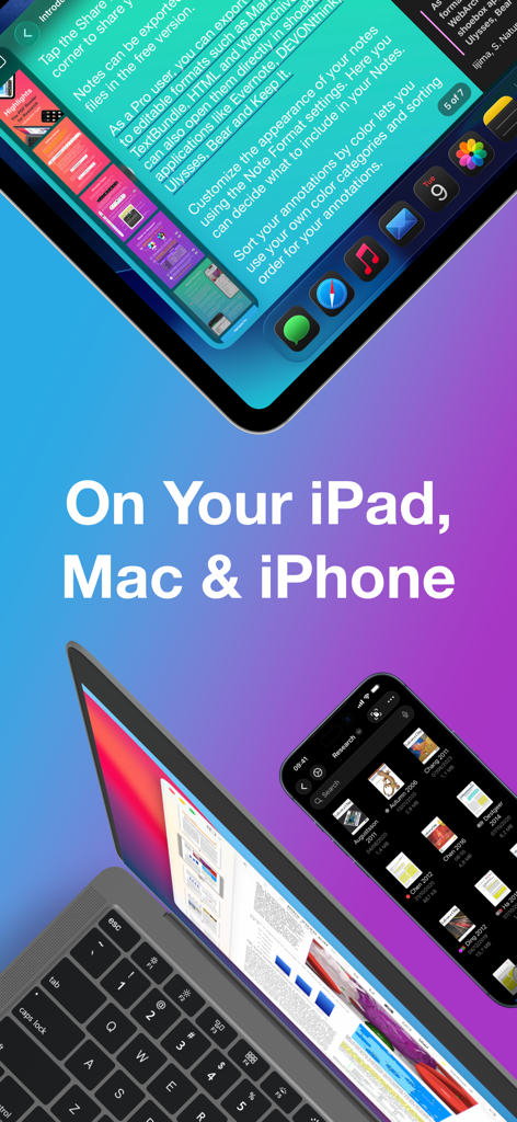 Highlights: PDF Reader & Notes - Interface de l'application de lecture PDF Highlights affichée sur iPad, MacBook et iPhone pour la recherche et la prise de notes.