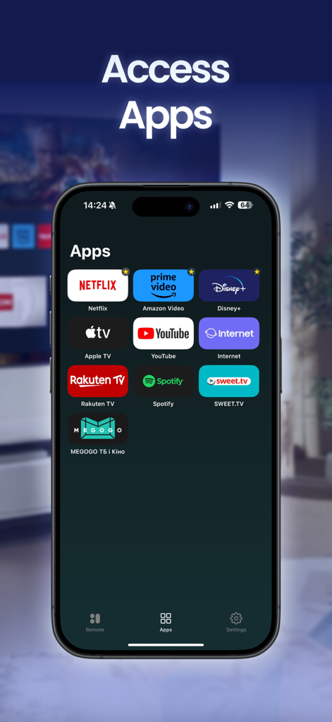Remote Control TV & Smart - A smartphone displaying the apps menu of the Remote Control TV app featuring shortcuts for Netflix and Prime Video